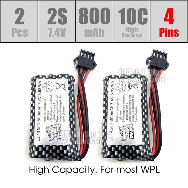 2pcs 2S 7.4V 800mAh Li-Ion Battery 14500 (New 4 Pins) – WPL RC